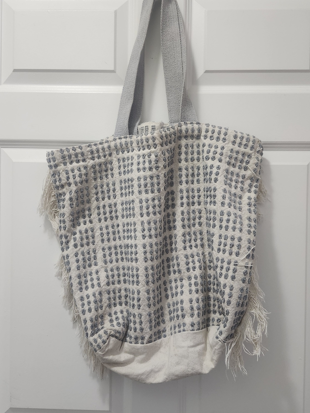 Boho Woven Fringe Tote Bag in Cream and Gray
